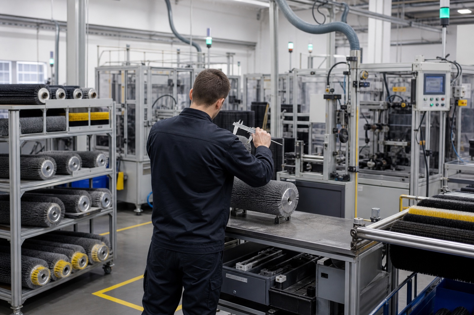 Engineer inspecting a cylindrical industrial brush in a modern factory