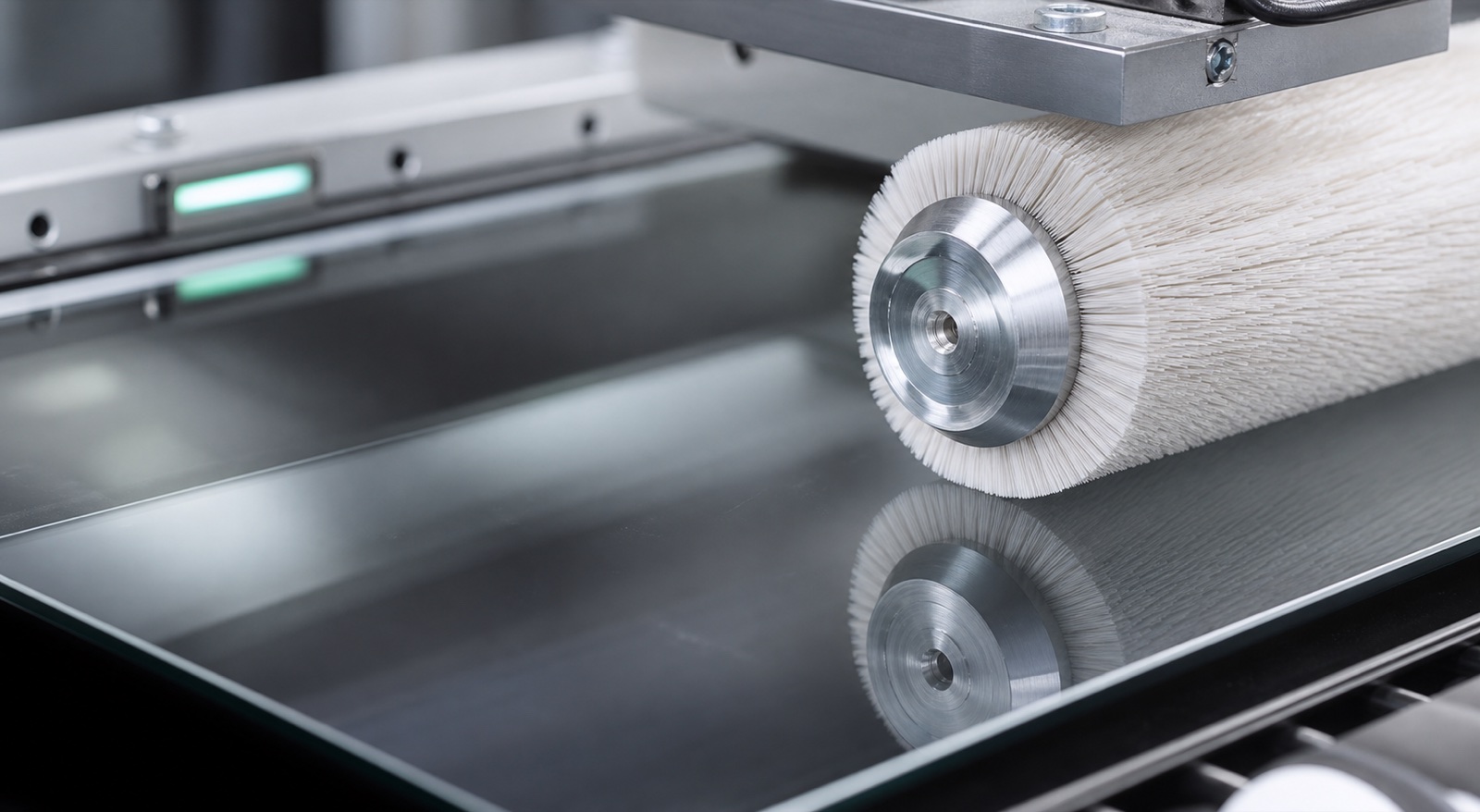 Fine filament roller brush polishing a large display glass panel